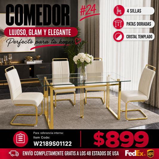 COMEDOR #24 51 inch Glass Dining Table Set for 4, Dining Table & Chair Sets with Golden Plating Legs for Kitchen, Modern Rectangle Tempered Glass Table Top and PU Dining armless Chair for Dining Room