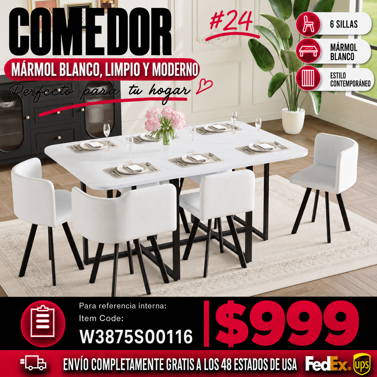 Comedor Rectangular Mármol 6 Puestos 48 - 024