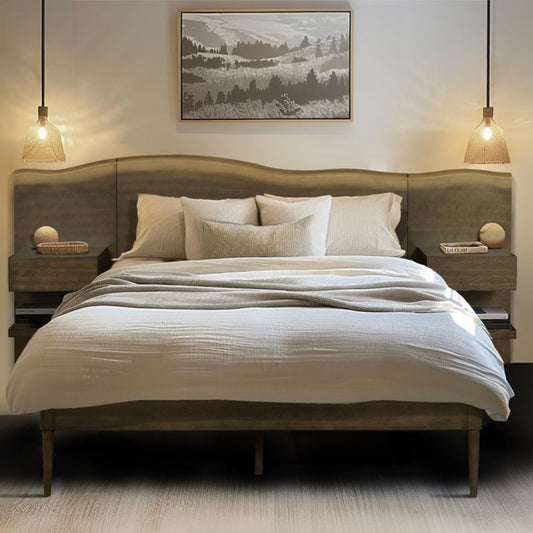 Queen Size Platform Bed Frame With Live Edge Headboard, Built In Nightstands - Dark Brown