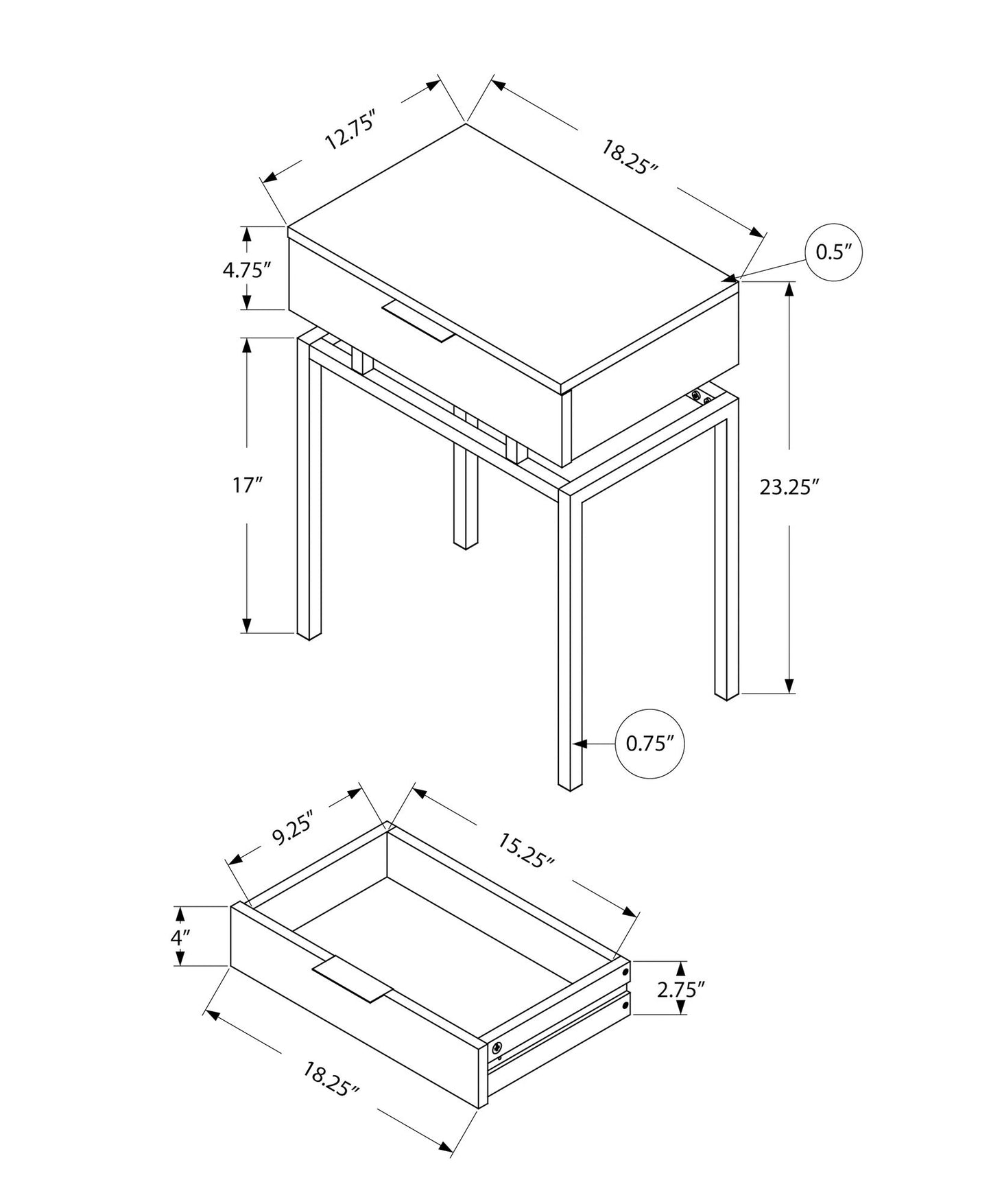 Spacious Table Top Accent Side Table, Storage Drawer, Contemporary & Modern