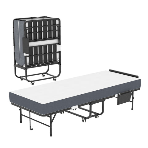 Twin Folding Bed With Adjustable Headboard & Memory Foam, Space Saving Rollaway Guest For Tall People, Portable On Wheels, Easy Assembly - Black