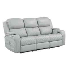 Elonzo - Power Motion Sofa With LED, Power Headrest & Speaker - Light Gray