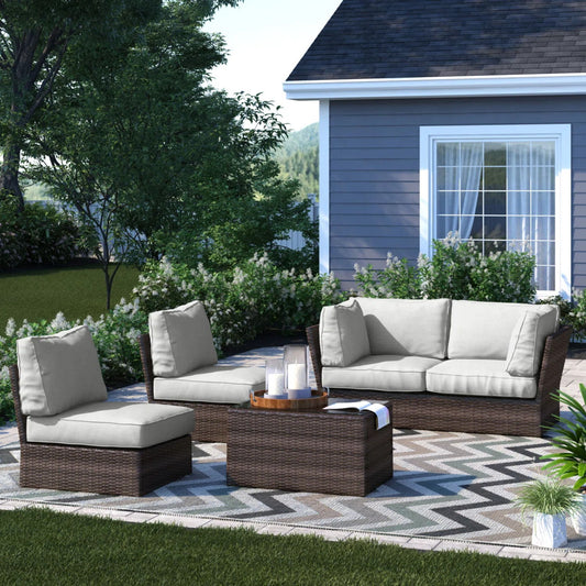Outdoor Sofa Set With Cushions Seats 4 Weather Resistant Resin - Espresso