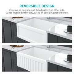 Elegant Farmhouse Style Small Apron Front Ceramic Kitchen Sink 24" Single Bowl Reversible Design - White