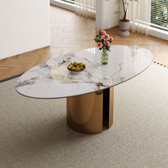 Oval Dining Table With Stainless Steel Base, Sturdy And Stable Design For Kitchen, Dining Room - Brown / White