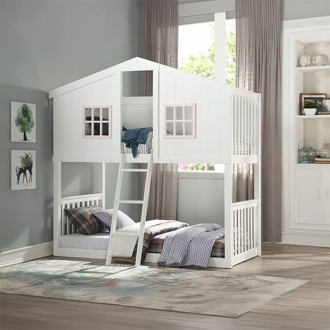 Rohan Cottage - Twin Over Twin Bunk Bed - White & Pink