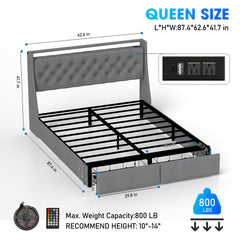 Bed Frame With Storage Headboard, RGB LED Light & USB Charging Station