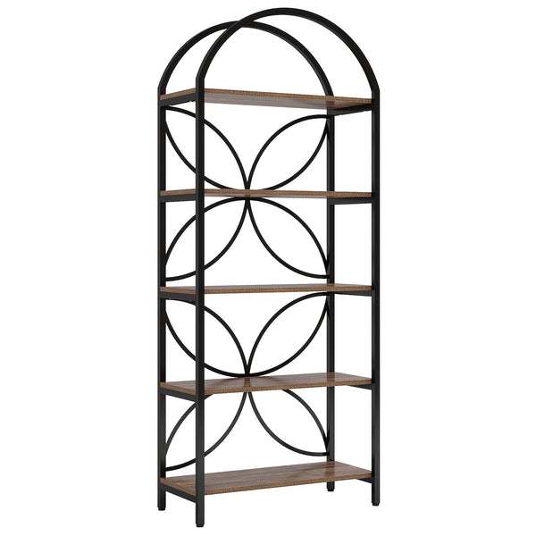 Tall 5 Tier Arched Bookshelf With Shelves For Living Room - Rustic Brown
