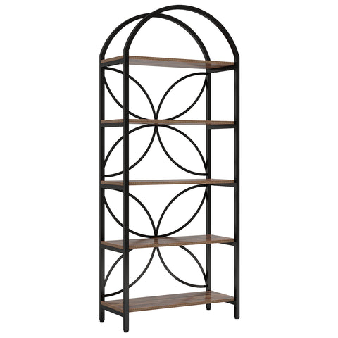 Tall 5 Tier Arched Bookshelf With Shelves For Living Room - Rustic Brown