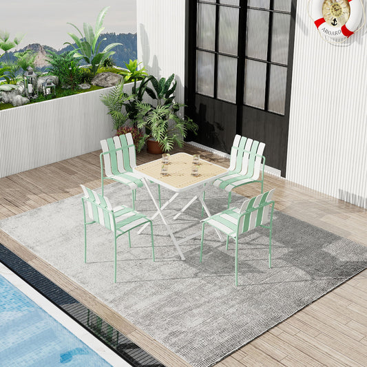 4 Piece Set Of Color Block Designed Single Chairs, Folding Square Table - Haze Green / Khaki / White