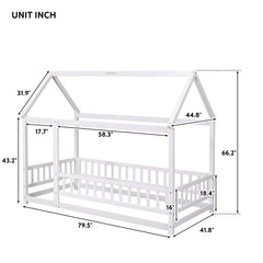 Floor Wooden Bed With House Roof Frame, Fence Guardrails
