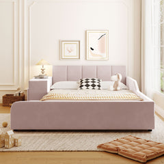 Upholstered Grounded Bed, With Bedside Desk And Little Round Stool