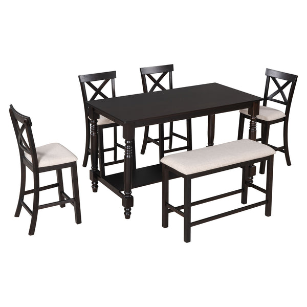 6 Piece Counter Height Dining Table Set With Shelf, 4 Chairs And Bench