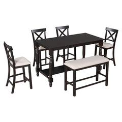 6 Piece Counter Height Dining Table Set With Shelf, 4 Chairs And Bench