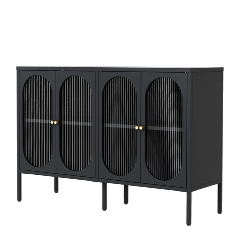 Modern Metal Sideboard Cabinet With 4 Glass Doors, Steel Kitchen Storage And Coffee Bar Cabinet - Black