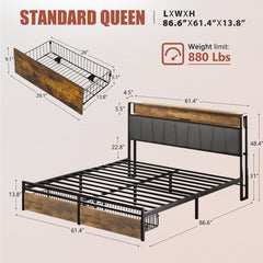 Upholstered Platform Bed Frame With Storage Drawers, USB Ports, LED Lights
