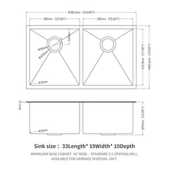 Double Bowl Undermount Kitchen Sink 16 Gauge 33" X 19" With Dual 10" Deep Basins - Gunmetal Black