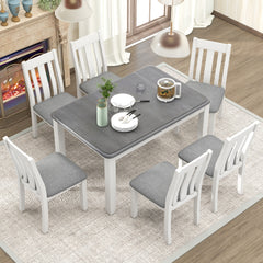 Retro Style 7 Piece Dining Table Set With Extendable Table And 6 Upholstered Chairs - Gray / White