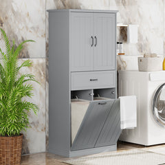 Modern Bathroom Storage Cabinet With Two Laundry Baskets, One Drawer, Adjustable Shelf