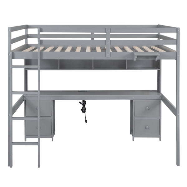 Loft Bed With Desk, Cabinets, Drawers, Charging Station And Bedside Tray