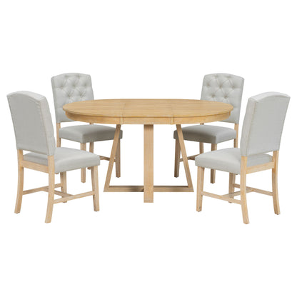 Dining Set With Leaf Round Table And 4 Upholstered Chairs