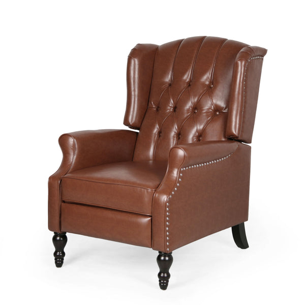 Upholstered Wingback Recliner With Nailhead Trim And Rolled Recessed Arms - Light Brown