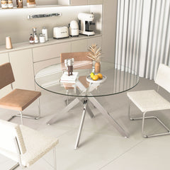 Stylish Round Clear Tempered Glass Dining Table With Chrome Metal Legs - Silver