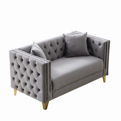 2 Seater Deep Seat Sofa, Sofa With Button Nailhead, Square Arm Couches, Furniture For Living Room - Gray