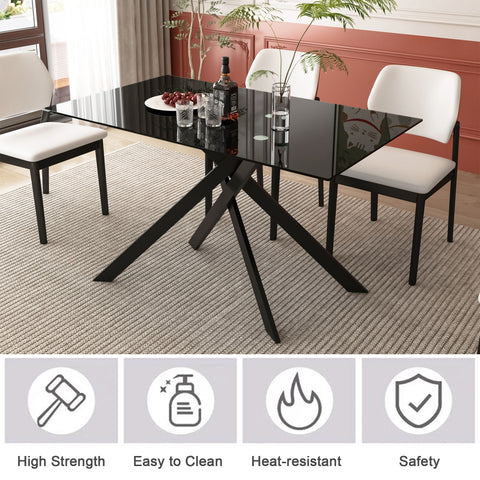 Rectangular Black Tempered Glass Dining Table, Stylish Design With Chrome Plated Metal Legs, Dining Table For Dining Room - Black
