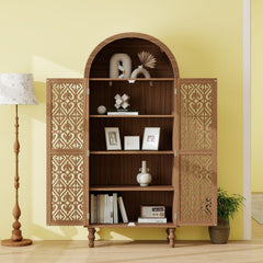 Tall Kitchen Pantry Cabinet With Hollow Carved Doors Adjustable Shelves Versatile Storage Cabinet For Kitchen - Walnut