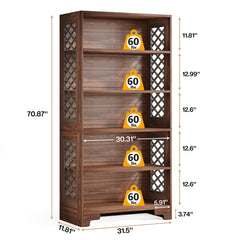 6 Tier Brown Mid Century Bookcase With X Design For Living Room - Brown