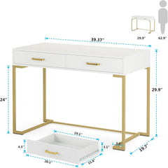 Minimalist Home Office Computer Desk With 2 Drawers, Compact Writing Table For Small Spaces - White / Gold