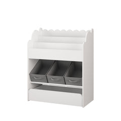Bookshelf With Storage Bins And Drawer, Multi Functional Book Organizer For Toddlers - White