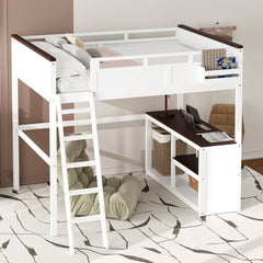 Queen Size Loft Bed With Desk, Open Shelf, Storage Box And USB Charging Station - White