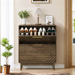 Freestanding Shoe Cabinet With 2 Flip Top Drawers For Entryway - Walnut