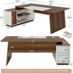 L-Shaped Executive Desk With Storage Cabinet And Shelves For Home Office - White / Walnut