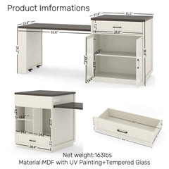 Extendable Kitchen Island With Slide Out Table And Storage Racks For 2 - 6 Person, Power Outlet, Bar, Prep Station - Creamy White / Walnut