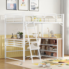 Loft Bed & 3 Layers Of Shelves And L-Shaped Desk