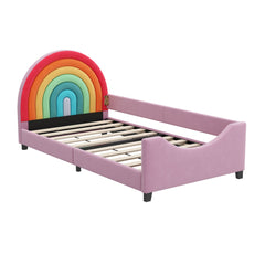 Rainbow Upholstered Twin Daybed Low To The Ground Design Cute Style Princess Bed - Colorful / Pink