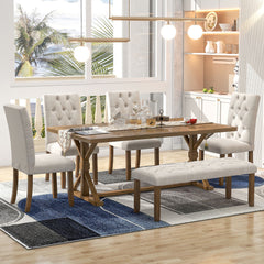 6 Piece Dining Table Set With Rectangular Wood Table, 4 Upholstered Chairs, Bench