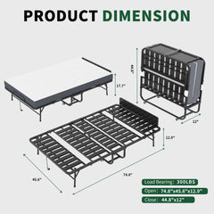 Twin Extra Long Folding Bed With Adjustable Headboard, Cot With Memory Foam Mattress - Black