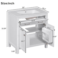 Bathroom Vanity With Ceramic Sink, Modern Single Bathroom Cabinet With 2 Doors And A Shelf, Soft Close Doors