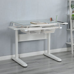 38.18" Hand Crank Adjustable Drafting Table Drawing Desk With 2 Metal Drawers With Stool