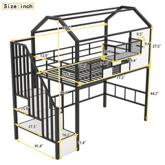 Metal Loft Bed With Roof Design And Storage Box With Guardrails And Integrated Ladder
