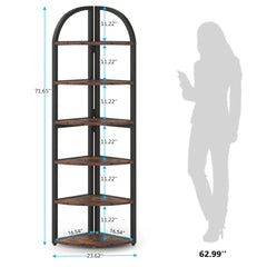 Tall 6 Tier Corner Shelf, Freestanding Bookshelf For Living Room - Rustic Brown