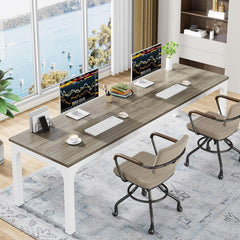 Extra Long 2 Person Computer Desk With, Collaborative Workstation For Home Office - White / Oak