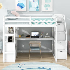 Loft Bed With Desk, Shelves, 2 Drawers, Storage Staircase