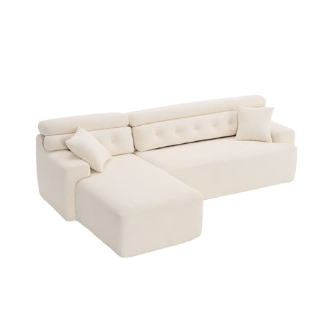 Ly 029B Convertible Chaise Sectional Sofa Full Compression Sponge Modular Couch Cloud 3 Seater Wood Grain Chenille 2 Pillows - Antique White