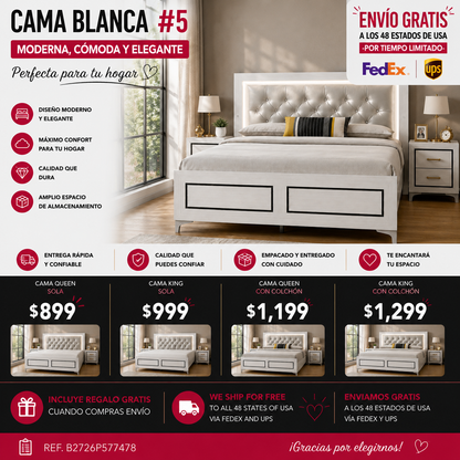 CAMA BLANCA DE LUCES QUEEN-WHITE BED WITH LED LIGHTS-Gray Leatherette & White Queen Bed w/LED