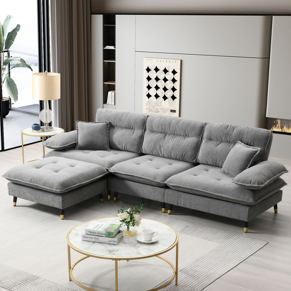 L Shaped Convertible Sectional Sofa 4 Seat Tufted Couch Set With Two Tone Adjust Legs Cloud Movable Ottoman